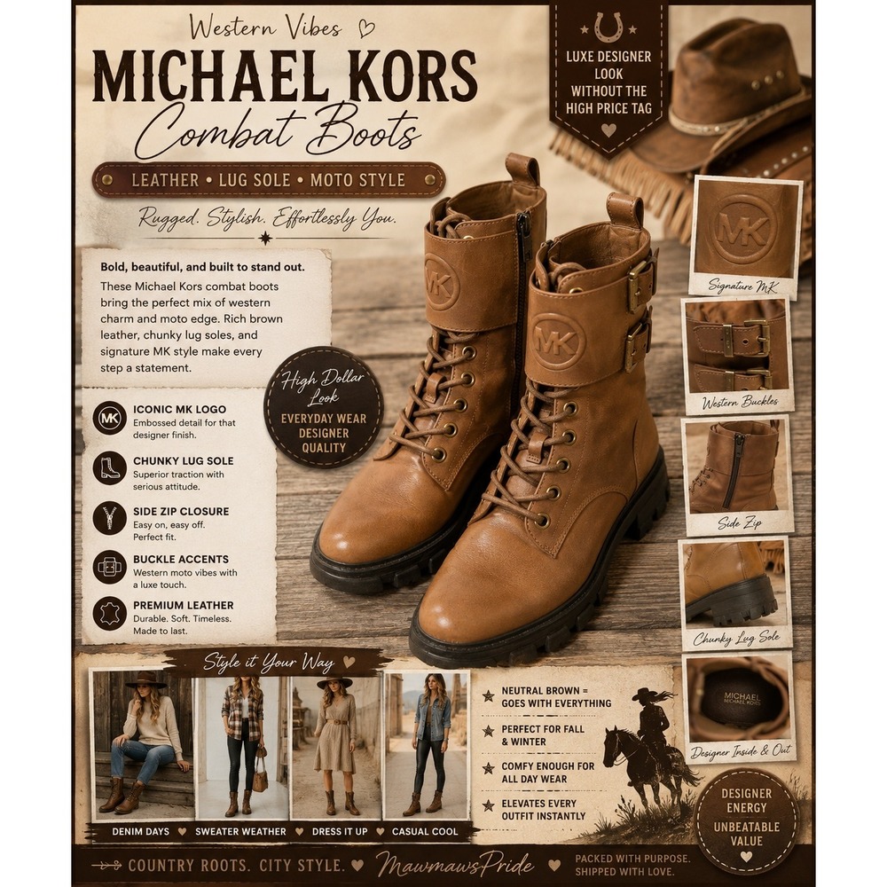 Michael Kors Brown Leather Combat Boots Lug Sole Moto Buckle Side Zip Women 7.5